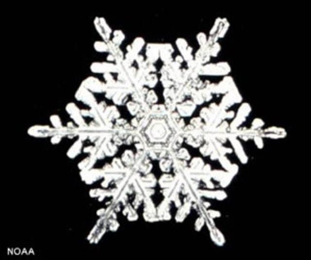 Struktur kristal dari es: Foto dari kepingan salju (snowflakes) yang menunjukkan struktur kristal heksagonal (Sumber: NOAA)