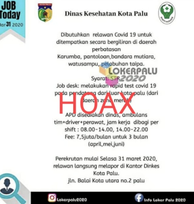 Beredar Lowongan Kerja Relawan Rapid Test Di Dinkes Palu Dr Huzaema Itu Hoaks Kumparan Com