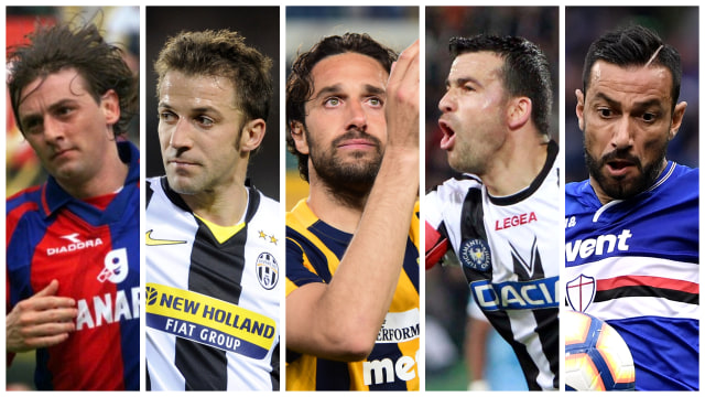 Giuseppe Signori, Alessandro Del Piero, Luca Toni, Antonio Di Natale, Fabio Quagliarella. Foto: Composite/Various
