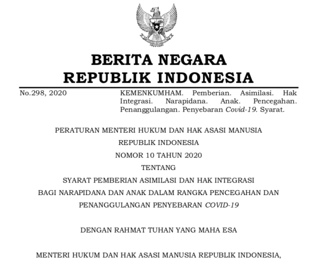 Permenkumham Permenkumham 10 Nomor Tahun 2020. (Foto: Kemenkumham)