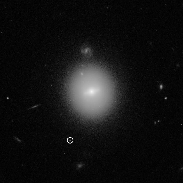 NASA dan ESA menemukan lubang hitam (black hole) ukuran sedang yang diberi nama 3XMM J215022.4−055108. Keberadaan lubang hitam ini ditandai dengan lingkaran put Foto: NASA, ESA, dan D. Lin (University of New Hampshire)