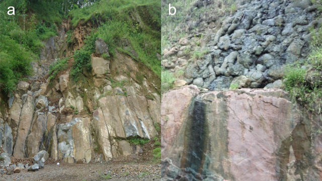 Gambar 1 (a) Batuan beku basalt dengan struktur kolom (b) Batuan sedimen rijang merah yang ditindih oleh lava basalt berstruktur bantal