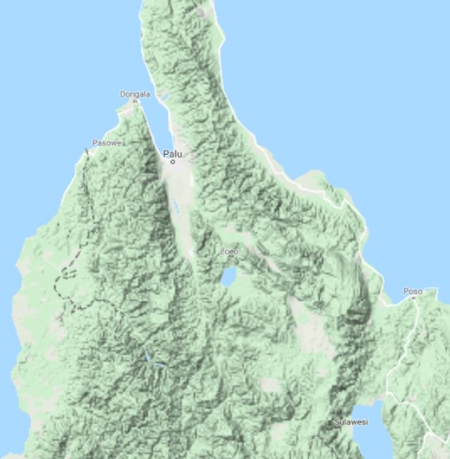 Kelurusan lembah memotong Kota Palu serta membentuk teluk Palu menunjukan keterdapatan patahan atau Sesar Palu-Koro di Sulawesi (Gambar dari google maps)