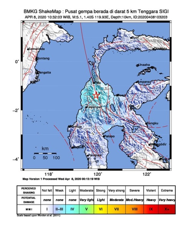 Analisis dan informasi gempa bumi Mg:5.1 pada 08 April 2020 di Sulawesi Tengah (Sumber: BMKG https://twitter.com/infoBMKG)