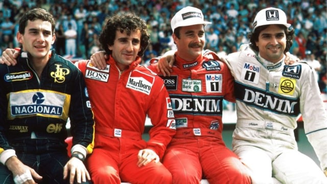 Empat rival pebalap di era 1980-an. Dari kiri ke kanan: Ayrton Senna, Alain Prost, Nigel Mansell, dan Nelson Piquet. (foto: formula1.com)