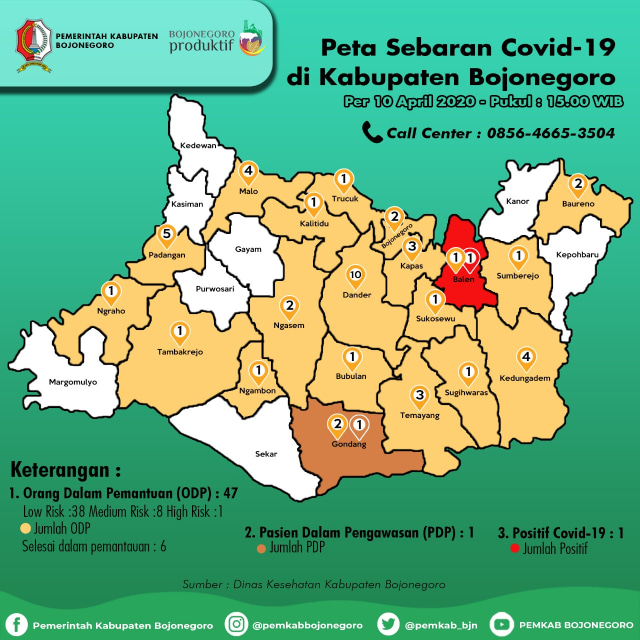 Infografis Peta Sebaran Virus Corona (Covid-19) di Kabupaten Bojonegoro hingga Jumat (10/04/2020) pukul 15.00 WIB.