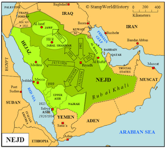 Peta Wilayah Hijaz dan Najd Beserta Sejarah Ekspansi Teritorial Kerajaan Arab Saudi. (Foto : indrasr.blogspot.com)