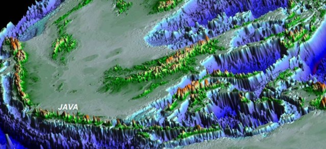 Visualisasi topografi Kepulauan Indonesia (Sumber:  Awang Harun Satyana, dalam Presentasi Petroleum Geology of Indonesia, Yogyakarta, 2010)