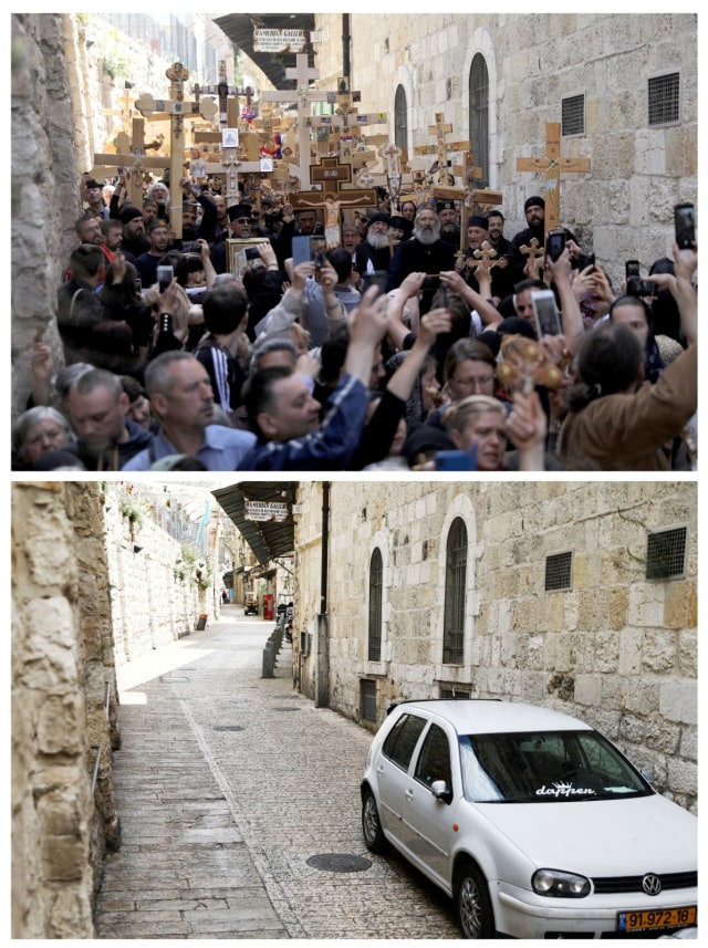 Foto kombinasi suasana perayaan Paskah di sepanjang jalan Via Dolorosa di Kota Tua Yerusalem pada 26 April 2019 (atas) dan 10 April 2020. Foto: REUTERS/Ammar Awad