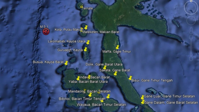 Pusat gempa bumi mangnitudo 5,1 mengguncang Maluku Utara pada pukul  21:59:34 WIB. Foto: istimewa