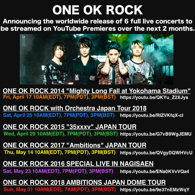 Jadwal enam video konser One OK Rock yang akan tayang di YouTube selama dua bulan penuh dok Twitter @ONEOKROCK_japan