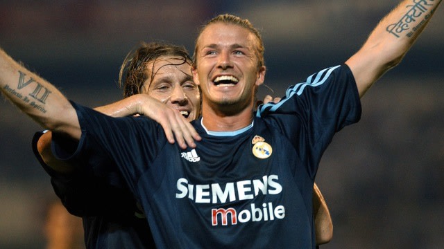 David Beckham merayakan gol untuk Real Madrid. Foto: CRISTINA QUICLER / AFP