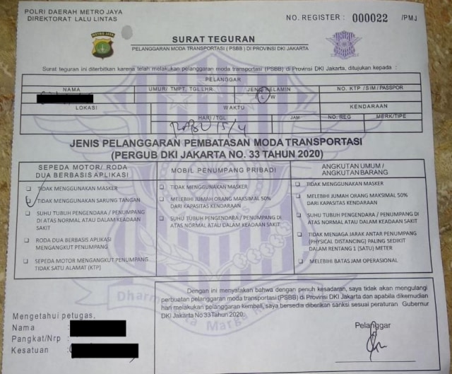 Kata Polisi Soal Blangko Teguran PSBB, Pelanggar Bakal Didenda? (620811)