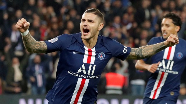 Selebrasi pemain PSG, Mauro Icardi usai mencetak gol. Foto: REUTERS/Charles Platiau