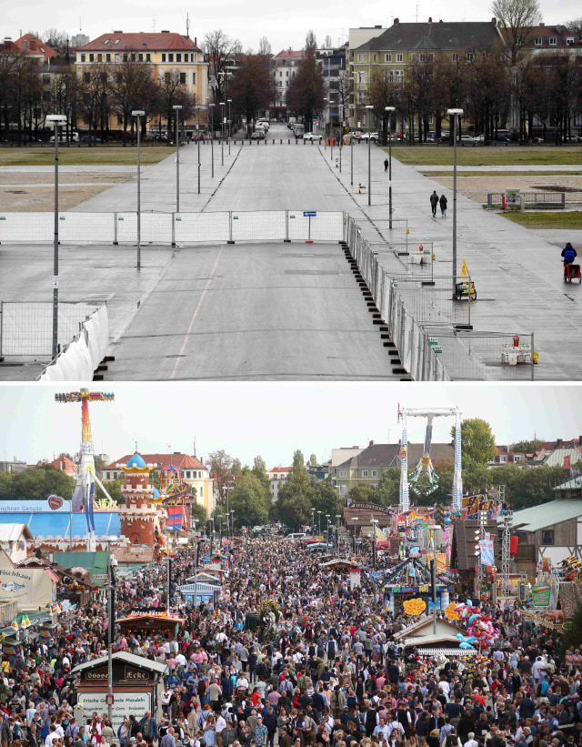 Foto perbandingan di lokasi Oktoberfest 2020 (atas) dan Oktoberfest 2018 (bawah) di Munich, Jerman. Foto: REUTERS / Michael Dalder 