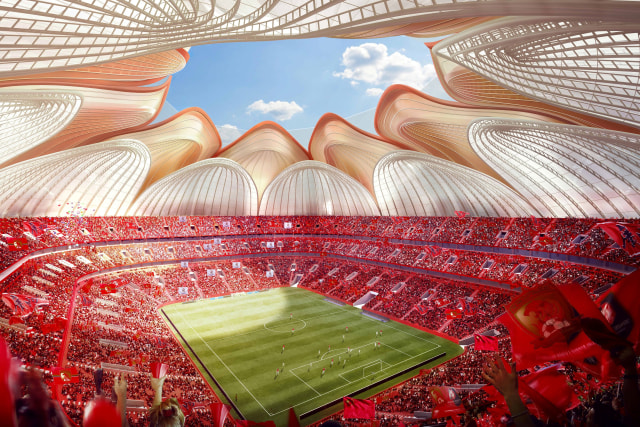 Desain stadion baru Guangzhou Evergrande di Guanzhou, Guangdong, China.  Foto: Evergrande Group / via REUTERS