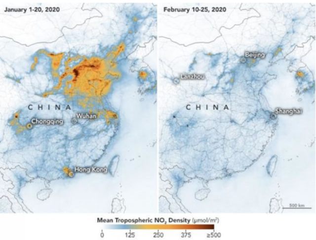 Citra perubahan kadar gas NO2 di langit daratan Tiongkok yang berubah setelah adanya pandemi COVID-19 (Foto: Dokumentasi NASA)