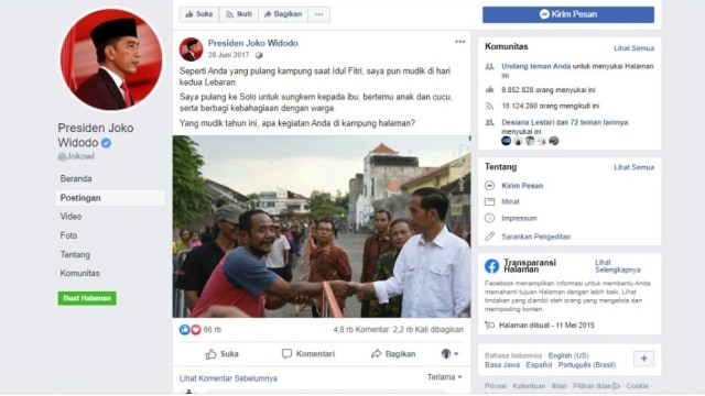 Status Facebook Presiden Jokowi tentang ucapan selamat mudik dan pulang kampung saat Lebaran 2017-2019. Foto: Screenshoot facebook