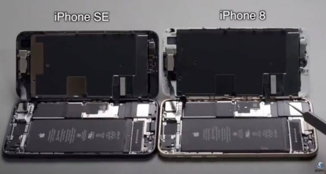 Jeroan iPhone SE 2020 dan iPhone 8 setelah dibongkar. Foto:  温州艾奥科技/YouTube