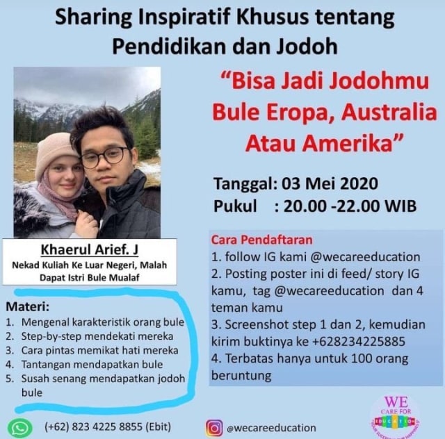 Poster Sharing Inspiratif Khusus Tentang Pendidikan dan Jodoh. Foto: Dok. WE Care Education