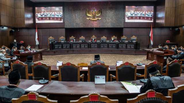 Suasana sidang Pengujian Materiil Peraturan Pemerintah Pengganti Undang-Undang Republik Indonesia Nomor 1 Tahun 2020 di Mahkamah Konstitusi, Jakarta. Foto: ANTARA FOTO/Aprillio Akbar