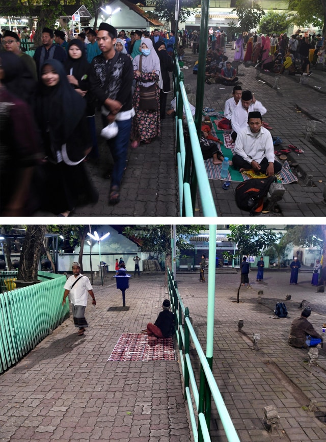 Foto kolase perbandingan suasana kompleks Makam Sunan Ampel saat bulan Ramadhan pada 2019 sebelum (atas) dan saat pandemi virus corona (bawah), Surabaya. Foto: ANTARA FOTO/Zabur Karuru