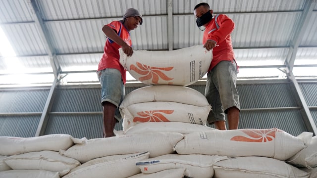 Dua pekerja merapikan beras yang telah dimasukkan ke dalam karung di gudang Bulog Subdivre Gorontalo di Talumolo, Kota Gorontalo, Gorontalo. Foto: ANTARA FOTO/Adiwinata Solihin