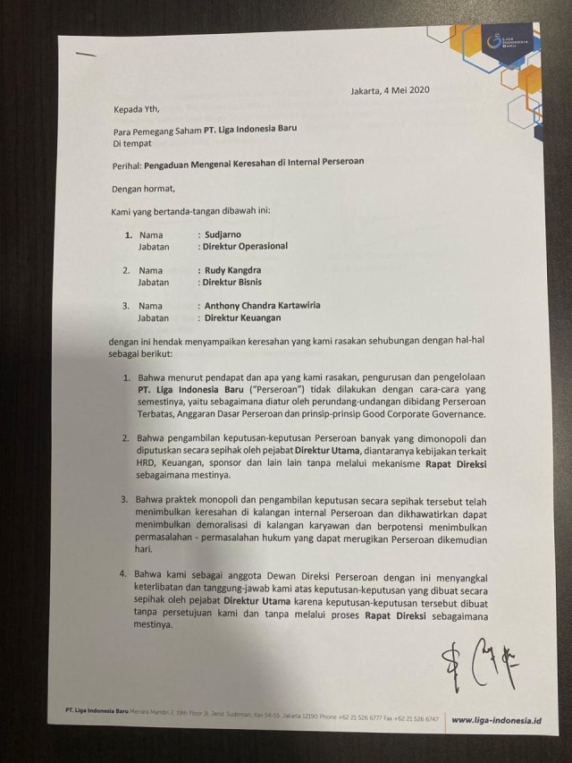 Direksi PT LIB membuat surat yang berisi pengungkapan kekisruhan internal. Foto: Istimewa
