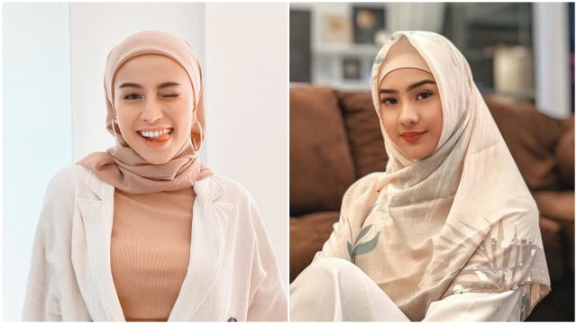Awkarin dan Anya Geraldine dalam balutan hijab. Foto: Instagram @awkarin dan @anyageraldine