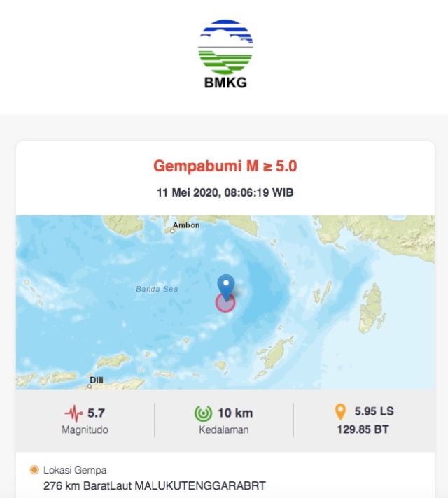 Gempa 5,7 magnitudo di Maluku. Foto: Dok. BMKG