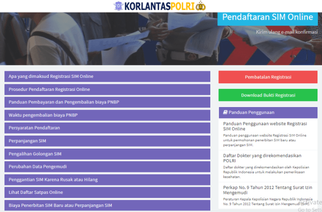 Laman pendaftaran SIM secara online.