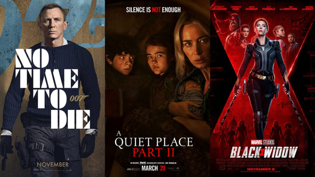 Poster film A Quiet Place, Black Widow, dan No Time to Die. Foto: Istimewa