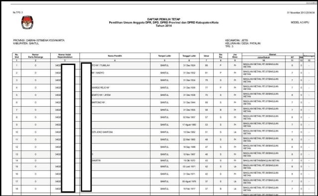 Screenshot lembar Daftar Pemilih Tetap Pemilu 2014 dilaporkan telah dicuri oleh hacker. Foto: Under the Breach via Twitter