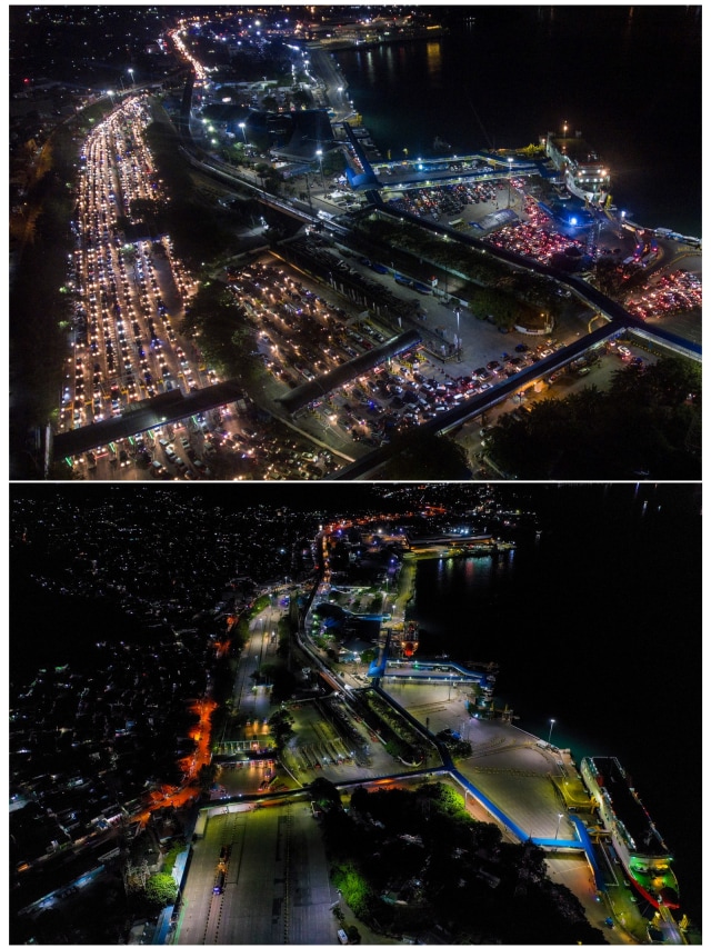 Foto kolase perbandingan suasana Pelabuhan Merak, sebelum adanya pandemi COVID-19 (atas) dan saat pandemi COVID-19 (bawah), Cilegon, Banten, Kamis (21/5). Foto: ANTARA FOTO/Hafidz Mubarak/Galih Pradipta
