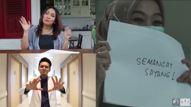 Rieka Roslan (kiri atas) dan Yongki (kiri bawah) dalam video klip lagu 'Bersama Kita Bisa'. Foto: Sandra.