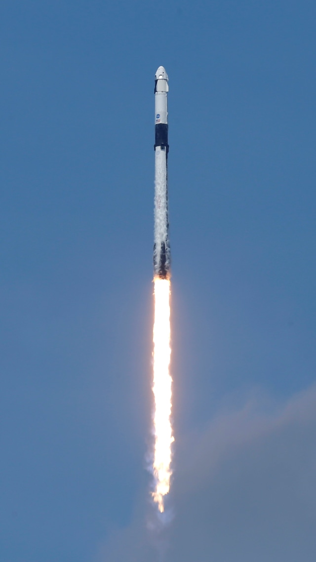 Roket SpaceX Falcon 9 dan pesawat ruang angkasa Dragon Crew saat diluncurkan dari Pusat Antariksa NASA di Cape Canaveral, Florida, AS, Sabtu (30/5). Foto: REUTERS/Steve Nesius