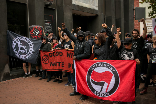 Kelompok Antifa menggelar aksi di Charlotesville, AS, pada 2018