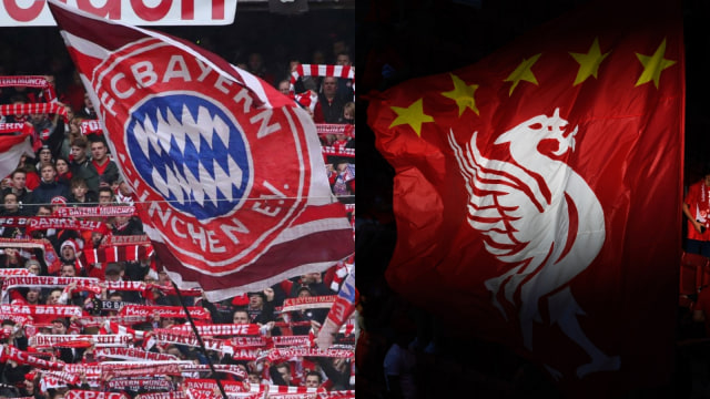 Ilustrasi fans Bayern Muenchen dan Liverpool. Foto: REUTERS/Michael Dalder & AFP/Pierre-Philippe Marcou