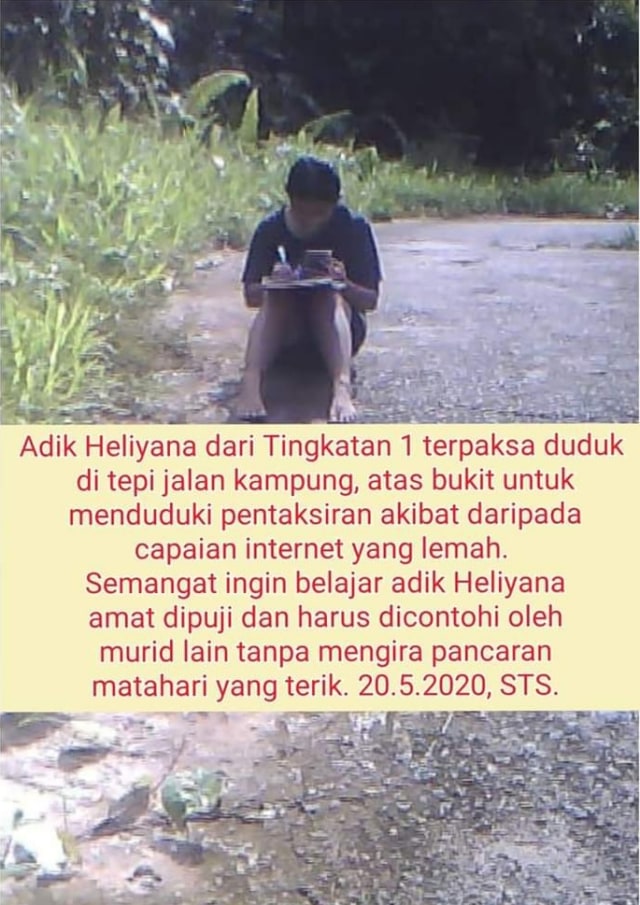 Demi ikut ujian online, siswa bernama Heliyana duduk jalan (Foto: Facebook/ SMK Tinggi Sarikei, Sarawak, Malaysia)