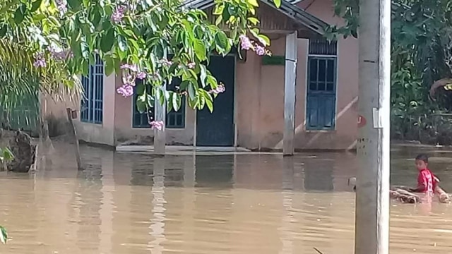 SEORANG anak bermain di halaman rumah usai Sungai Kuantan meluap, Sabtu, 6 September 2020. Sungai Kuantan meluap akibat hujan deras di bagian hulu sungai yang berada di provinsi tetangga,Sumatera Barat. 