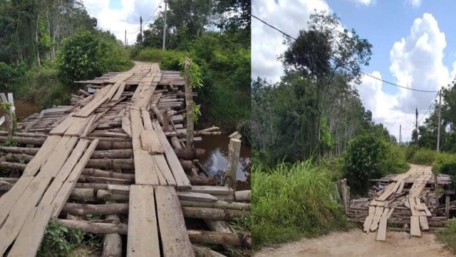 KONDISI Jembatan Sungai Kepojan di Kelurahan Bunut, Kecamatan Bunut, Pelalawan. Kondisi ini membuat seorang warga harus relakan sepeda motornya hancur ke dasar sungai setinggi 10 meter. 