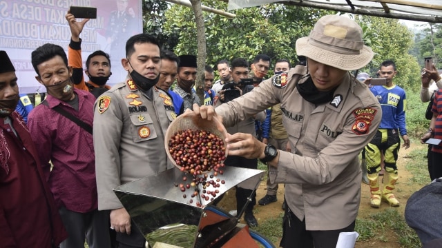 Kapolres AKBP Roland Ronaldy bersama Danramil ke Kampung Mulyasari bersama dengan kelompok tani, mengolah biji kopi. Foto: Polres Bogor