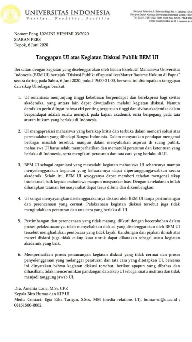 Teguran UI untuk BEM UI soal Diskusi #PapuanLivesMatter (39649)