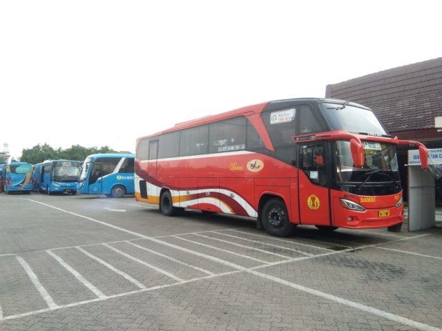 Bus AKAP Damri yang akan berangkat dari loket Damri Cabang Lampung, Senin (8/6) | Foto: Obbie Fernando/Lampung Geh