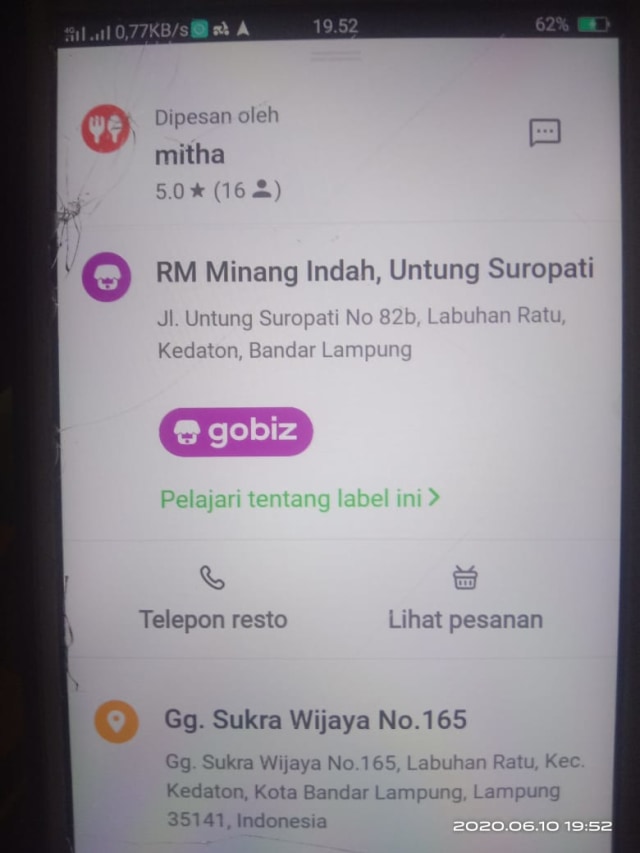 Bukti pesanan gofood atas nama Mitha | Foto: Mitha Setiani Asih