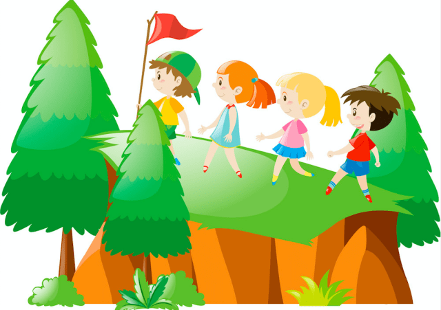 Ilustrasi anak-anak naik ke puncak gunung dan melihat pohon cemara di kanan kiri. Foto: vectorstock.com