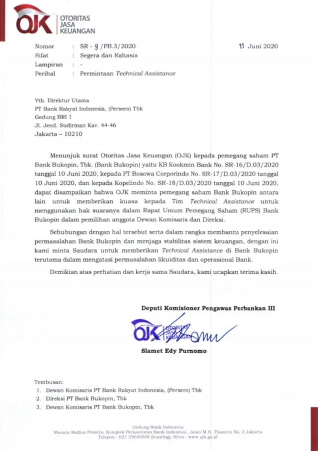 Surat OJK ke BRI meminta tachnical assistance untuk Bank Bukopin. Foto: Dok. Istimewa