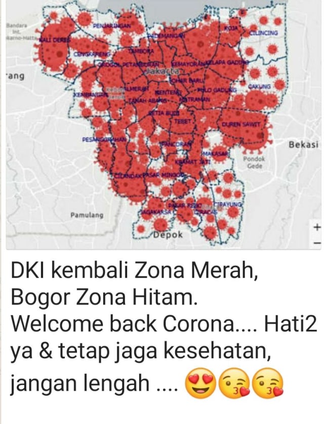 Pesan viral WhatsApp yang menyebut Jakarta kembali zona merah dan Bogor zona hitam. Foto: Istimewa