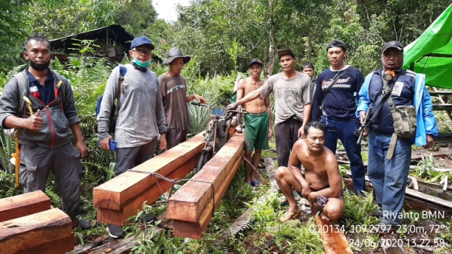 Tim gabungan di Mempawah, Kalbar, mengamankan barang bukti terkait illegal logging. Foto: Dok Istimewa