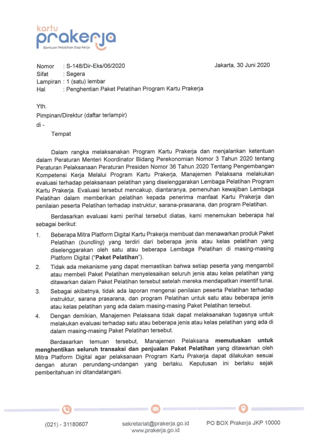 Beredar Surat Pemerintah Setop Program Paket Pelatihan di Kartu Prakerja (911)